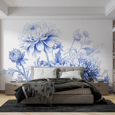 Blue Chrysanthemum botanical wallpaper creating a peaceful atmosphere in a modern living room with natural light