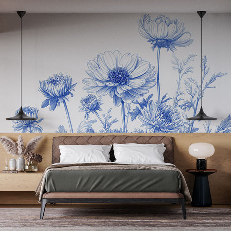 Blue Daisy Floral Wallpaper creating a fresh garden feel in a bright modern bedroom with white furniture