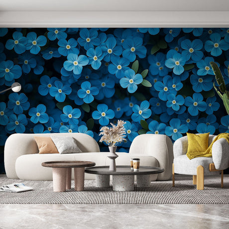 Blue Forget-Me-Not floral wallpaper in a modern bedroom setting, creating a peaceful garden atmosphere