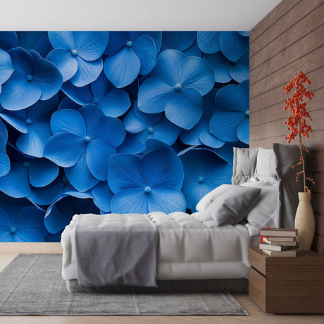 Blue Hydrangea Wallpaper creating a peaceful atmosphere in a bright modern living room with white furniture