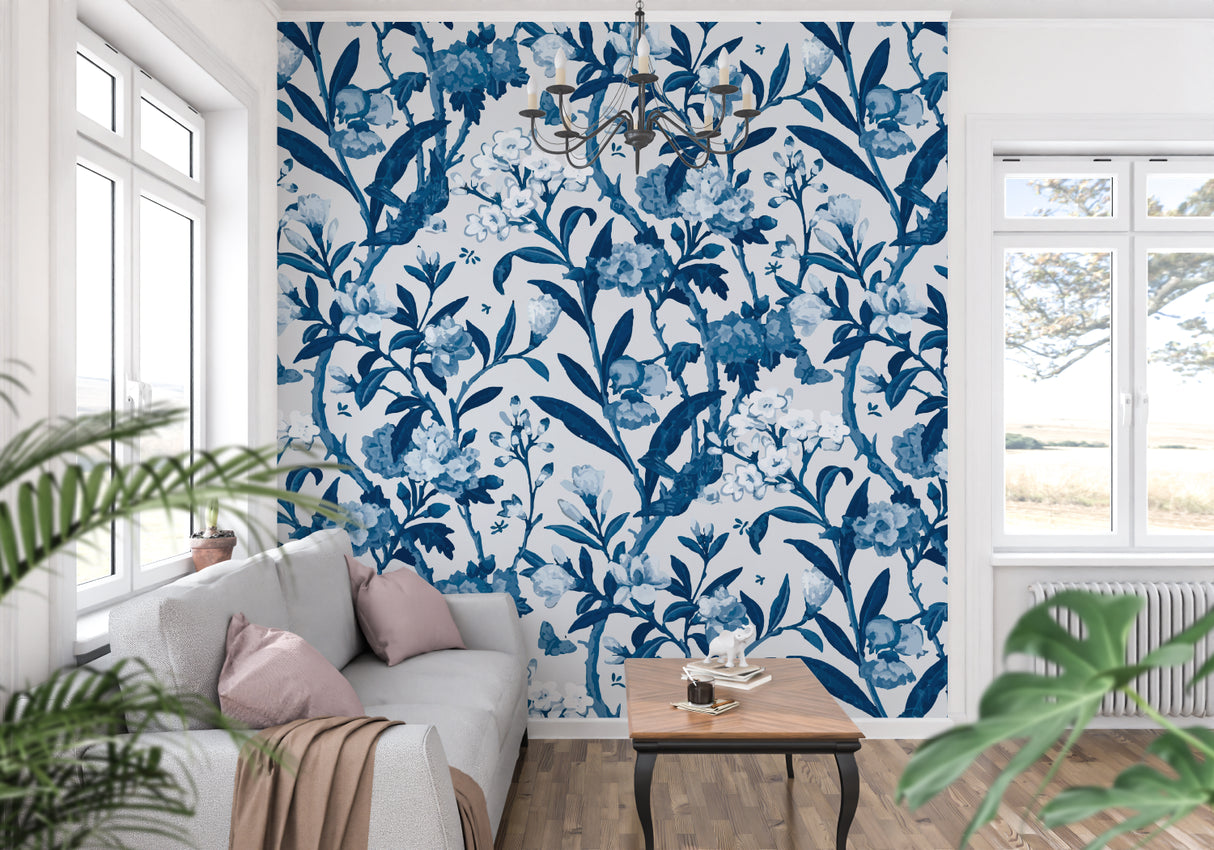 Master bedroom showcasing elegant blue botanical wallpaper, morning light catching the delicate floral details