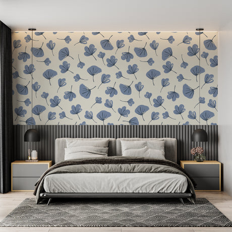 Blue leaf pattern wallpaper in a bright modern living room creating a calm atmosphere