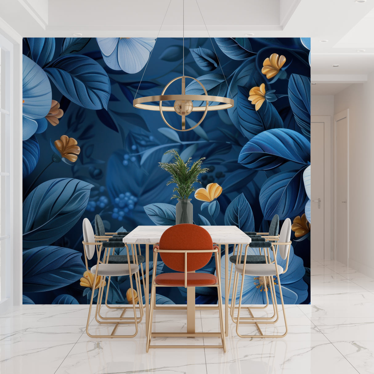 Gold accented floral wallpaper in dining room with soft lighting