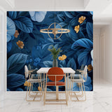 Gold accented floral wallpaper in dining room with soft lighting