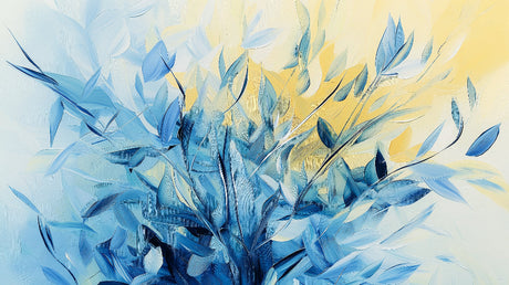 Blue leaf wallpaper mural creating a stunning accent wall in a bright modern living room with minimal furniture