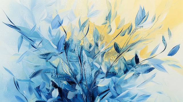Blue leaf wallpaper mural creating a stunning accent wall in a bright modern living room with minimal furniture