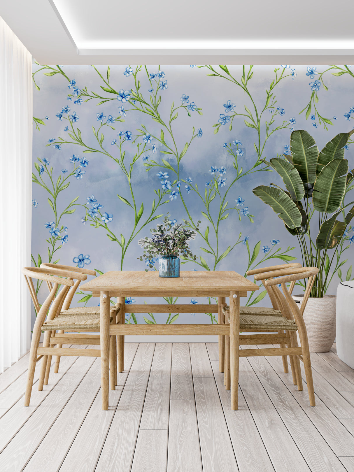 Delicate blue floral mural wallpaper in cozy bedroom setting with natural light