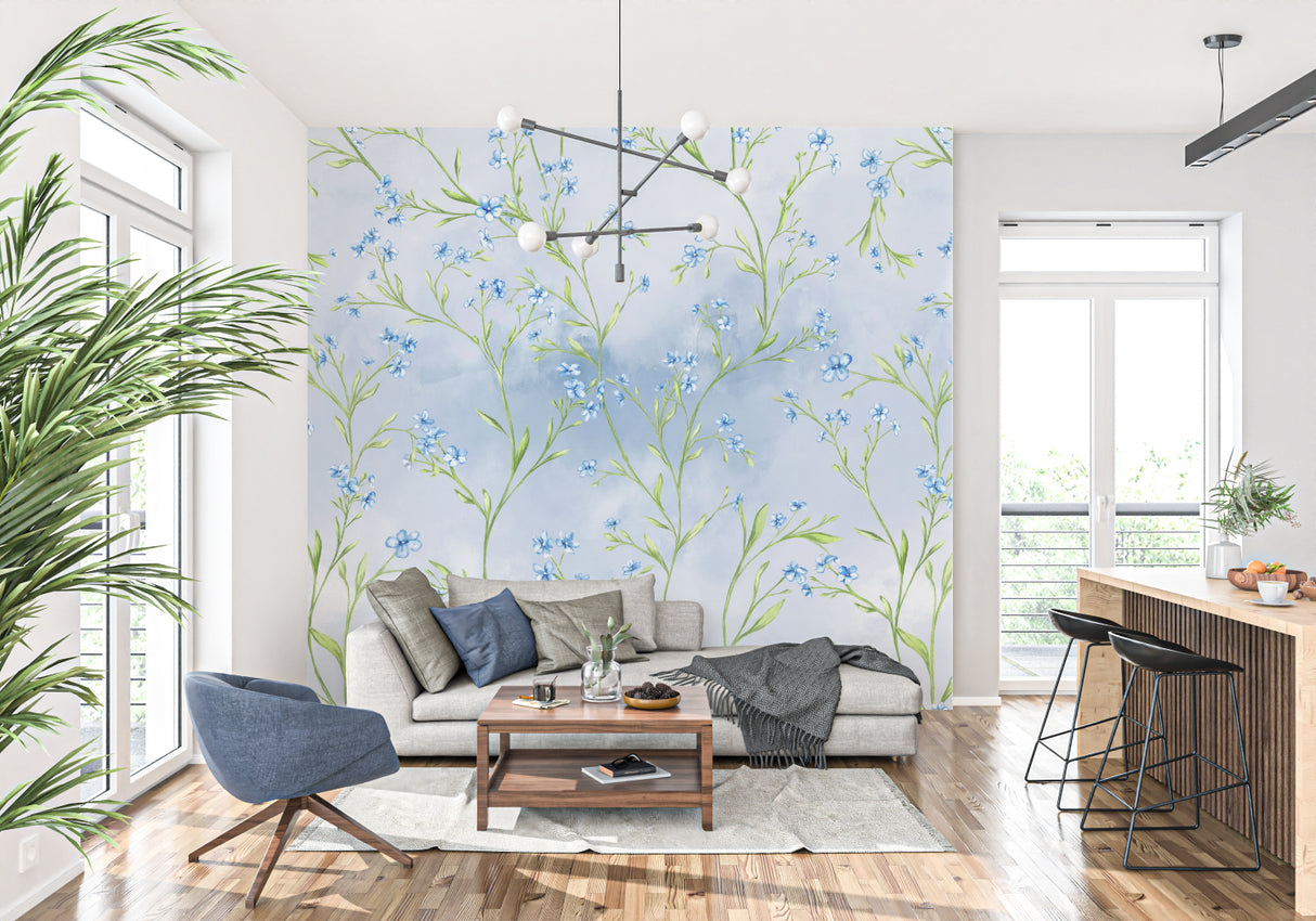 Liberty print wallpaper bringing fresh feel to dining room with soft blue blooms