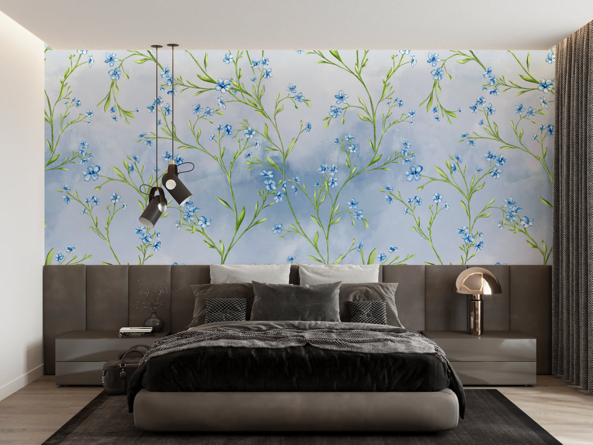 Botanical wall mural in home office showing delicate blue flower pattern