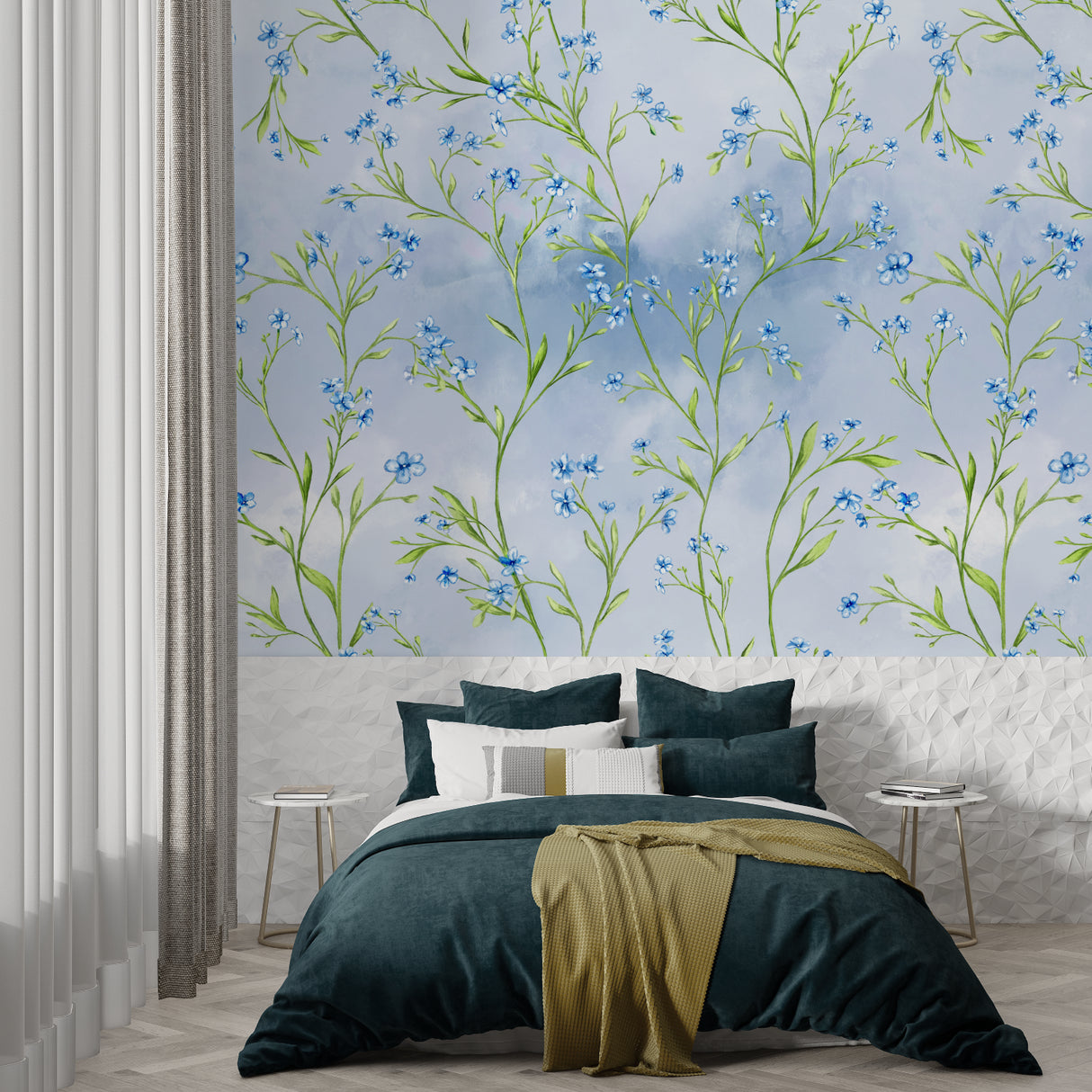 Blue floral wallpaper creating serene atmosphere in reading nook