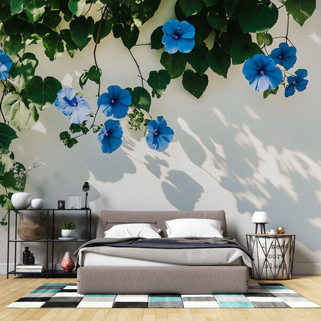 Blue Morning Glory floral wallpaper creating a fresh garden feel in a bright modern bedroom with natural light