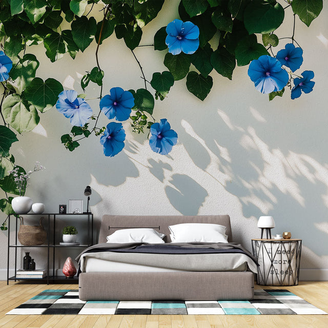 Blue Morning Glory floral wallpaper creating a fresh garden feel in a bright modern bedroom with natural light