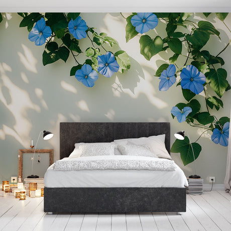 Blue Morning Glory floral wallpaper creating a peaceful atmosphere in a sunny living room with white furniture