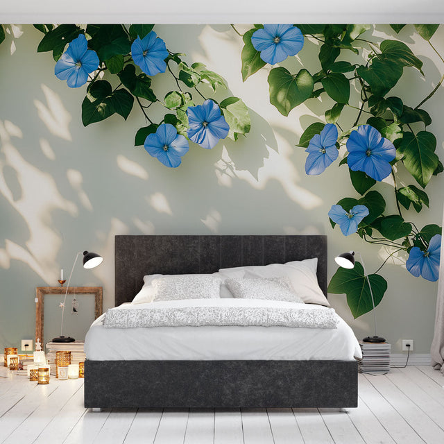 Blue Morning Glory floral wallpaper creating a peaceful atmosphere in a sunny living room with white furniture