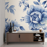 Blue peony wall mural transforming home office with minimal furniture