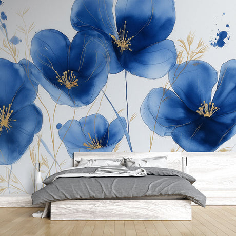 Blue Poppies Wallpaper Mural in bright modern living room, showing large-scale floral pattern with golden accents