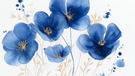 Blue Poppies with Gold Accents design file showing watercolor floral pattern