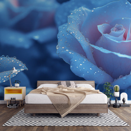 Blue rose wallpaper mural creating a peaceful atmosphere in a modern bedroom with natural light highlighting the dewdrops