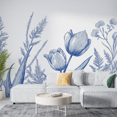 Blue tulip and fern wallpaper creating a fresh botanical atmosphere in a bright modern dining room