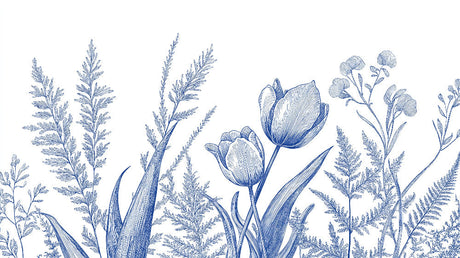Blue tulips and ferns design file showing intricate botanical pattern on white background