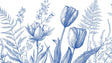 Blue tulip botanical wallpaper mural styled in bright modern living room with white furniture and natural light