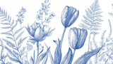 Blomstret Tapet | Blå Tulipaner med Botanisk Skitse