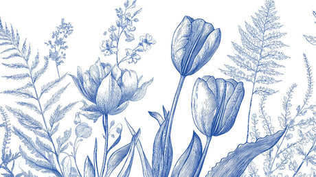 Blue tulip botanical wallpaper mural styled in bright modern living room with white furniture and natural light