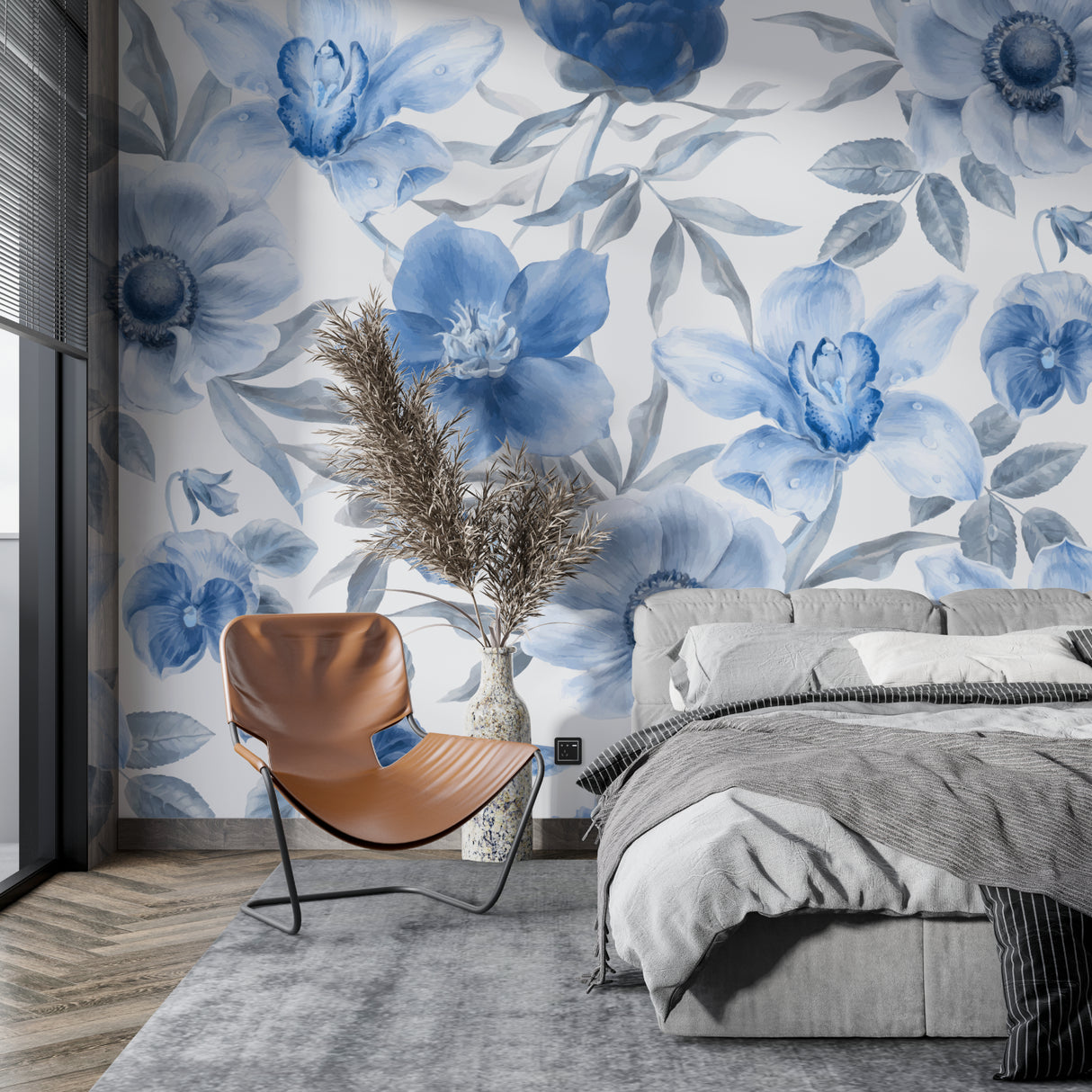 Watercolor blue floral mural adding elegance to a dining room with natural light
