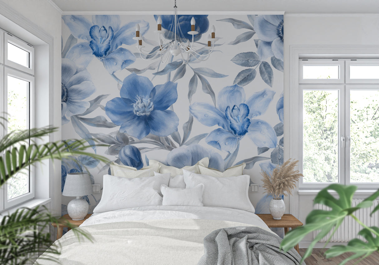 Blue botanical wallpaper bringing fresh garden vibes to a home office space