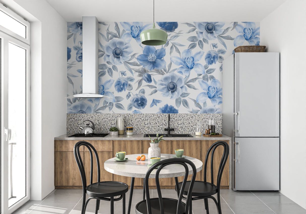 Watercolor flower mural creating a stunning backdrop in a living room setting