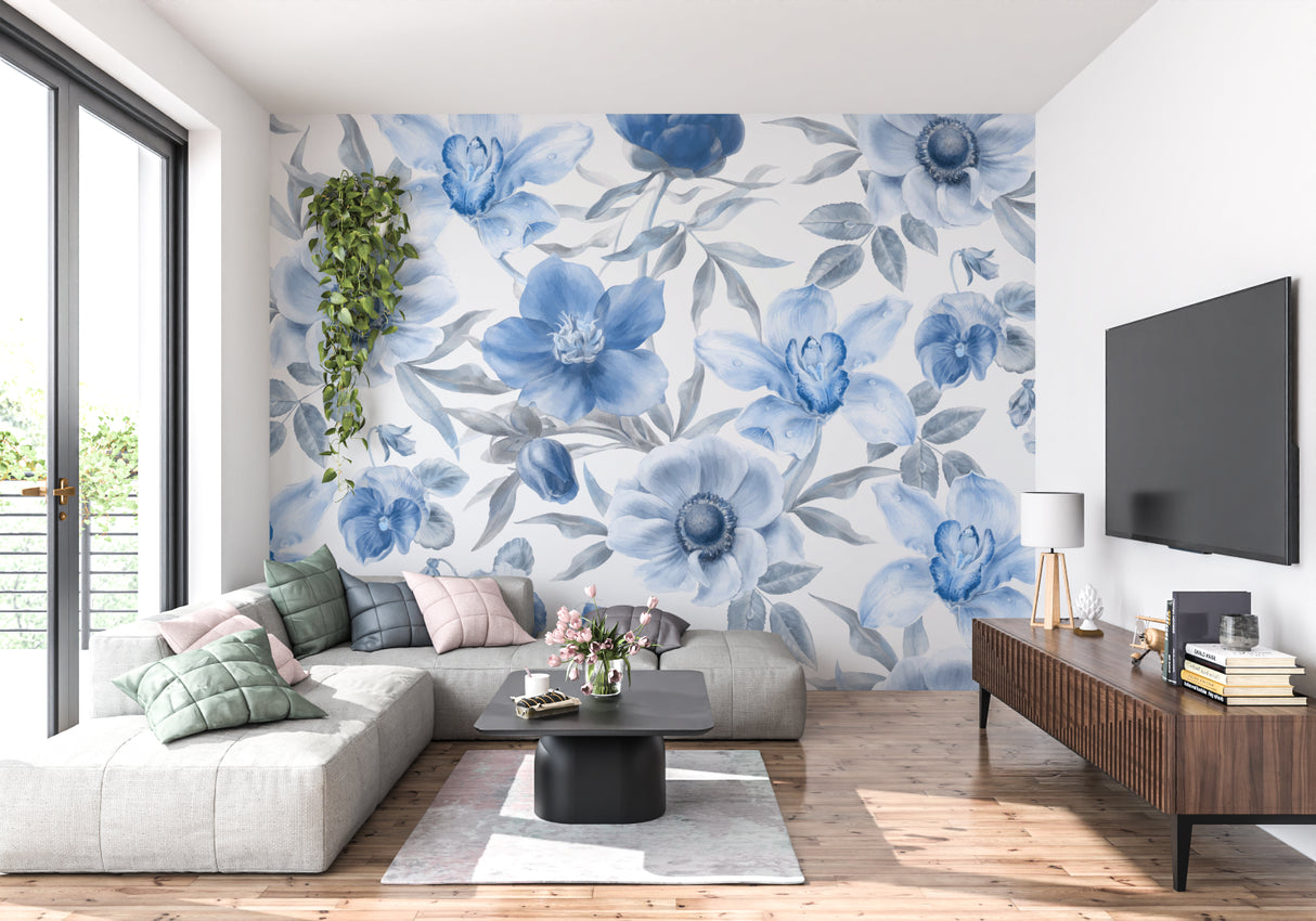 Blue floral wallpaper transforming an entrance hall with soft, flowing designs