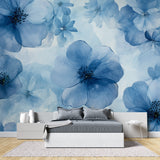 Dining room with elegant blue floral wallpaper creating depth and interest
