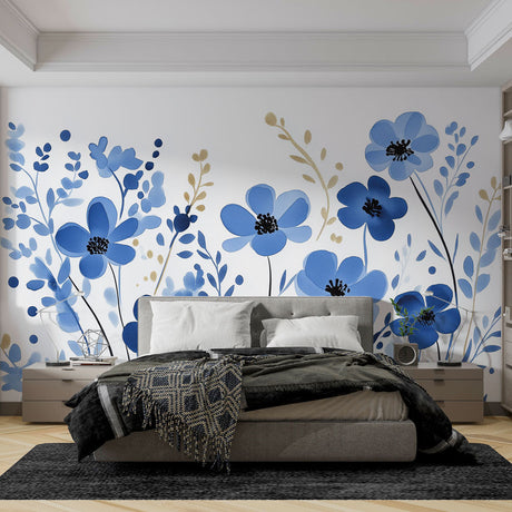 Blue watercolor floral wallpaper with gold accents creating a peaceful atmosphere in a modern bedroom setting