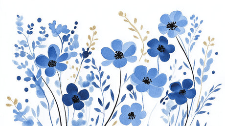 Blue watercolor floral wallpaper design file showing delicate blooms and golden botanical details
