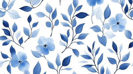 Blue watercolor floral wallpaper creating a serene atmosphere in a modern living room with natural light