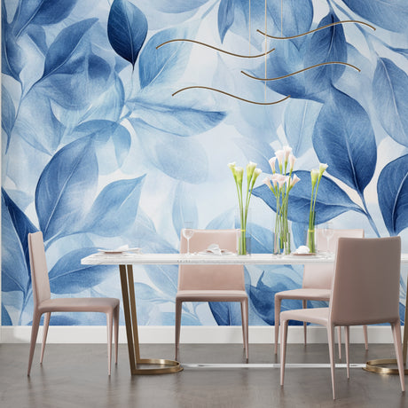 Blue watercolor leaf wallpaper creating a serene atmosphere in a modern living room with natural light
