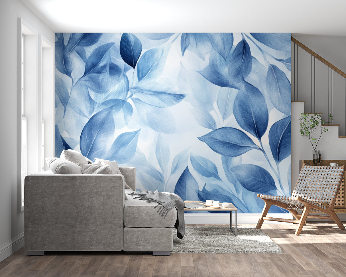 Watercolor blue leaf mural in a peaceful bedroom setting with minimal furniture