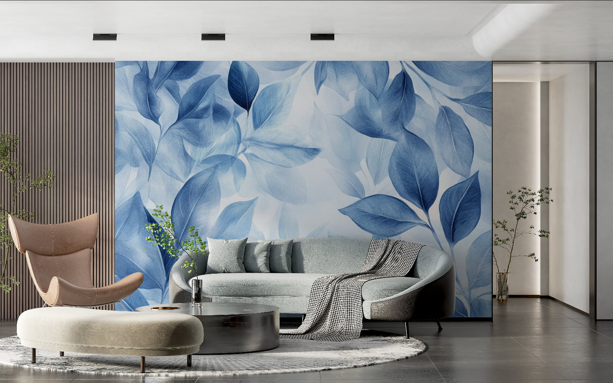 Blue botanical wallpaper bringing calm to a home office space with desk and chair