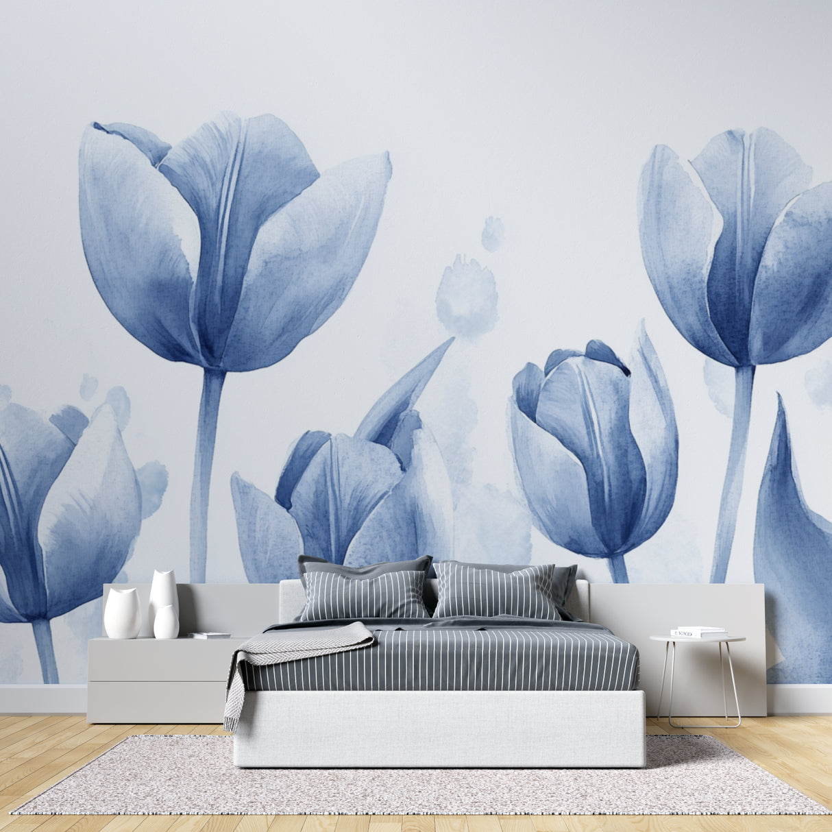 Home office space with calming blue floral wallpaper and wooden desk