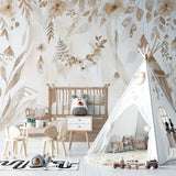 Bohemian beige floral mural making a statement in a bright home office space