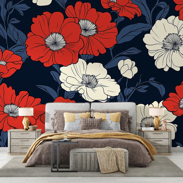 Bold red and white Floral Wallpaper creating a stunning accent wall in a modern living room with navy accents