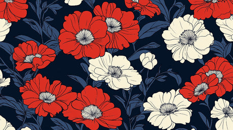 Red and white floral wallpaper design file showing detailed pattern and rich navy background