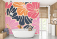 Modern dining room with pink and navy Floral Mural Wallpaper creating a bold accent wall