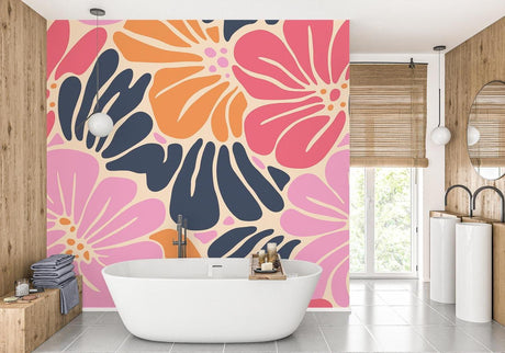 Modern dining room with pink and navy Floral Mural Wallpaper creating a bold accent wall