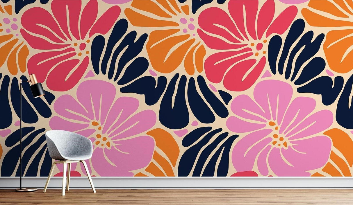 Home office featuring retro floral wallpaper in pink and navy tones