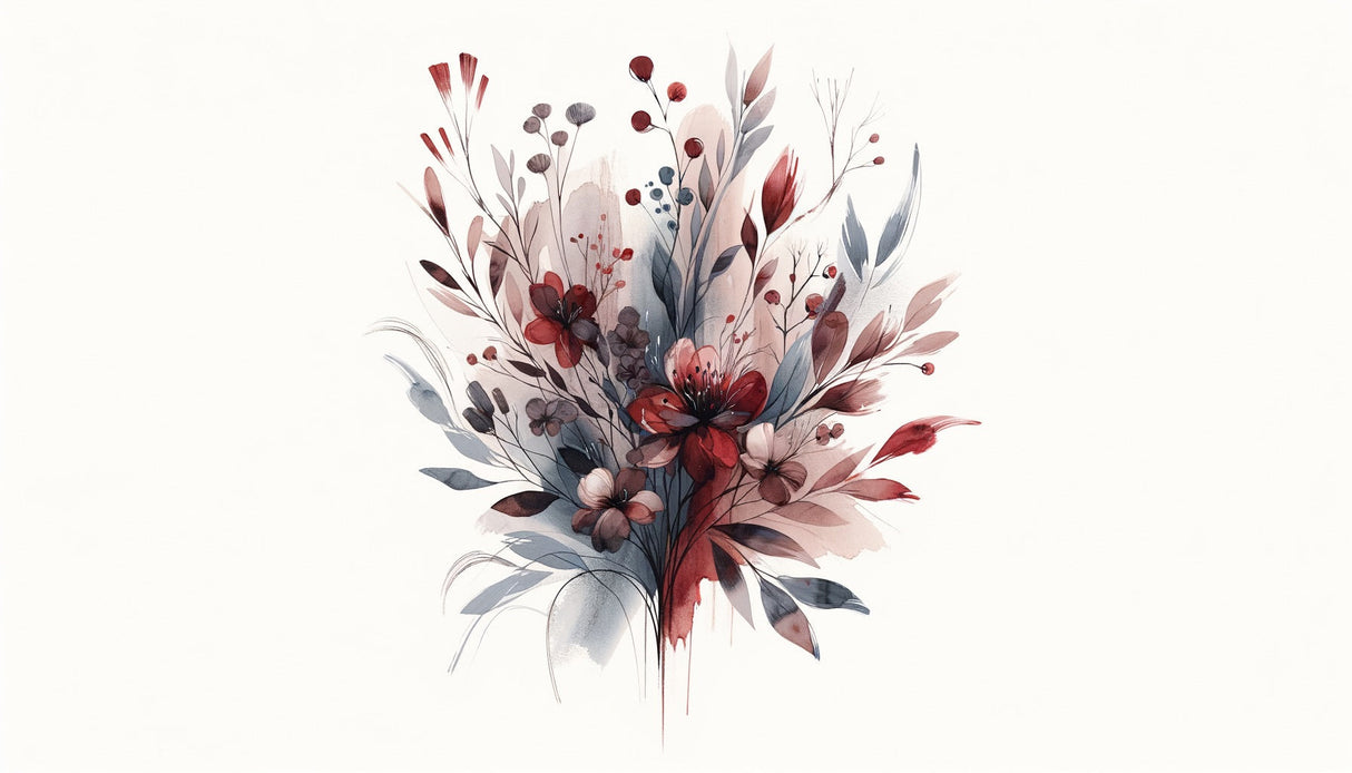 Watercolor floral wallpaper in modern living room showing burgundy and blue blooms creating elegant atmosphere