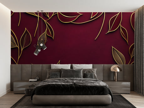 Burgundy and gold floral wallpaper in modern living room setting, creating warm ambiance