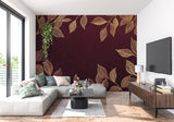 Master bedroom featuring botanical burgundy wallpaper with gold accents