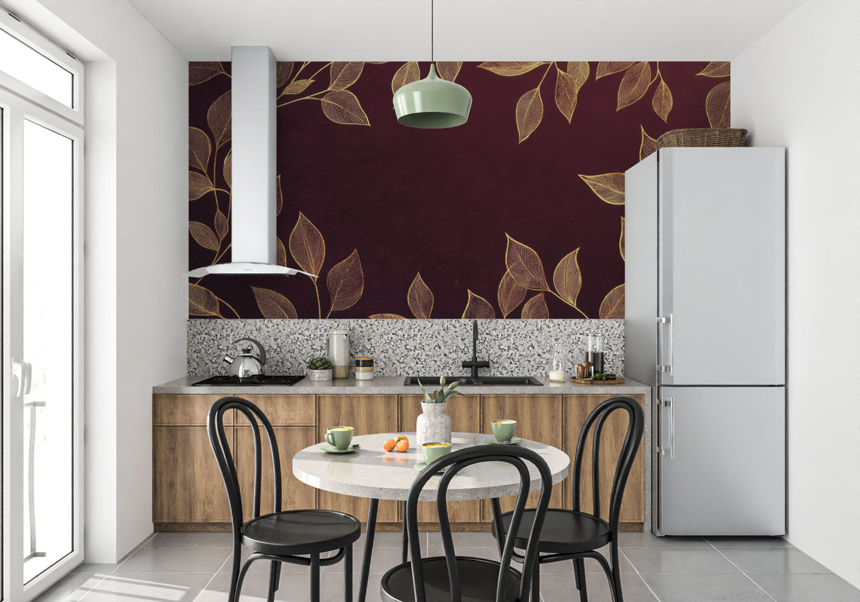 Luxury home office with burgundy and gold leaf pattern wall mural