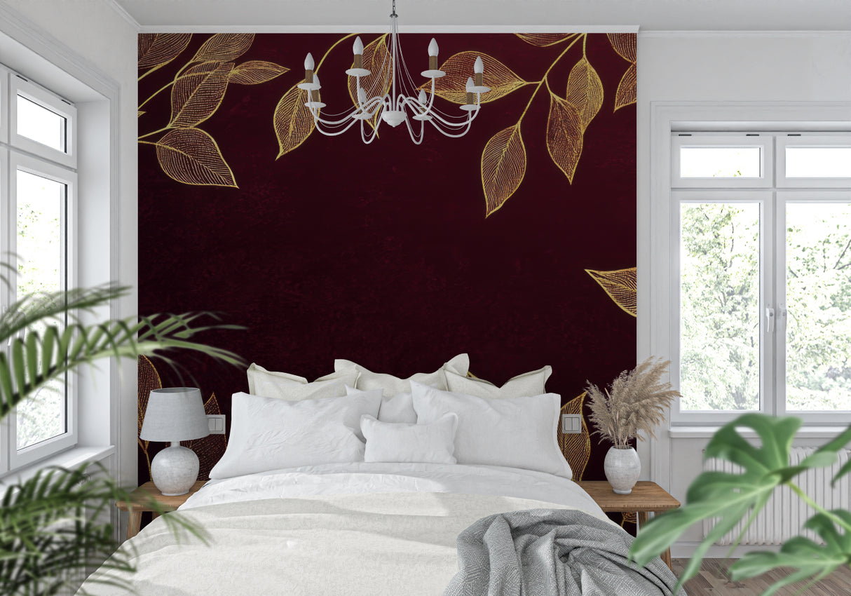 Hallway decorated with deep red and gold botanical wall covering